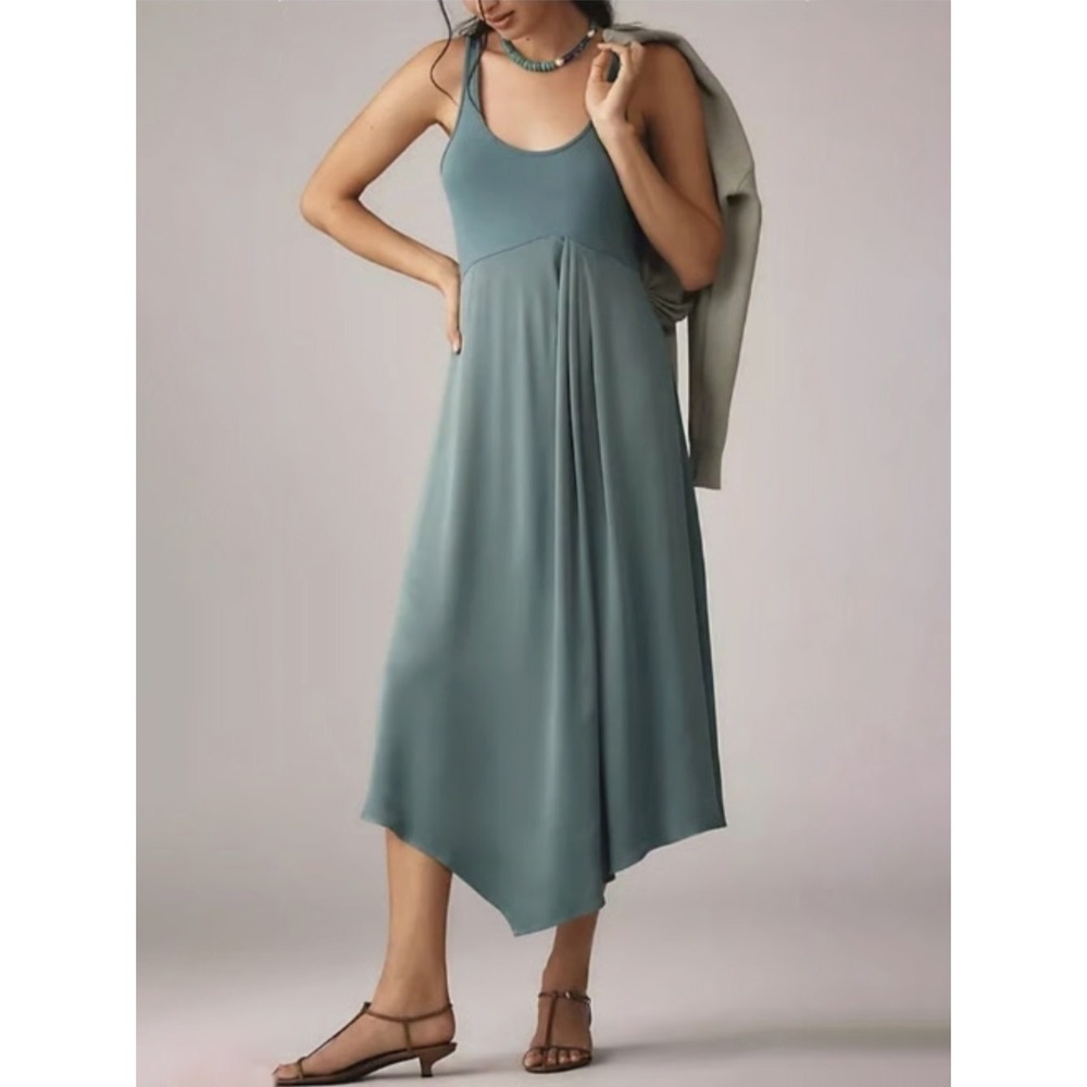 Anthropologie Mixed Media Handkerchief Hem Midi Dress Teal Blue Green Size M